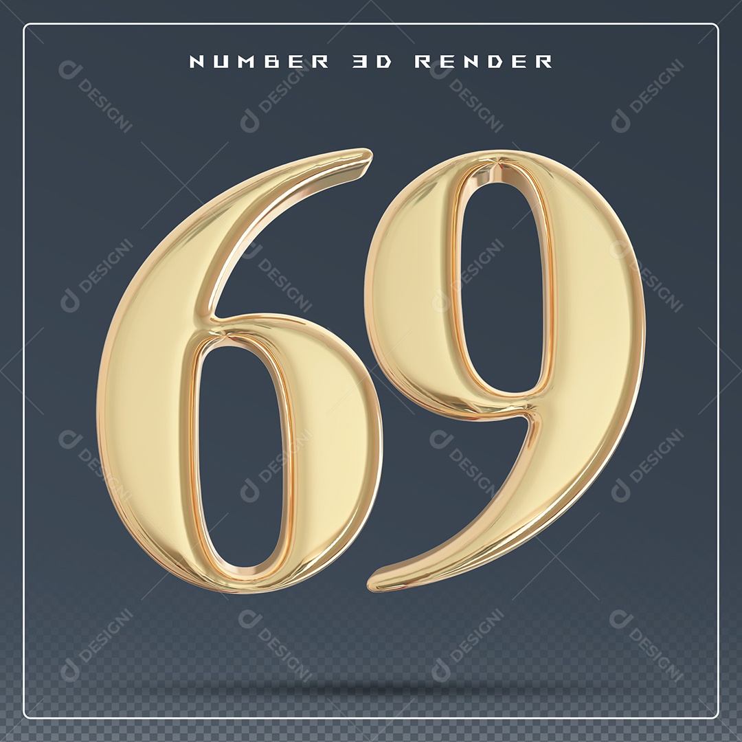 Elemento 3D Número 69 Dourado para Composição PSD