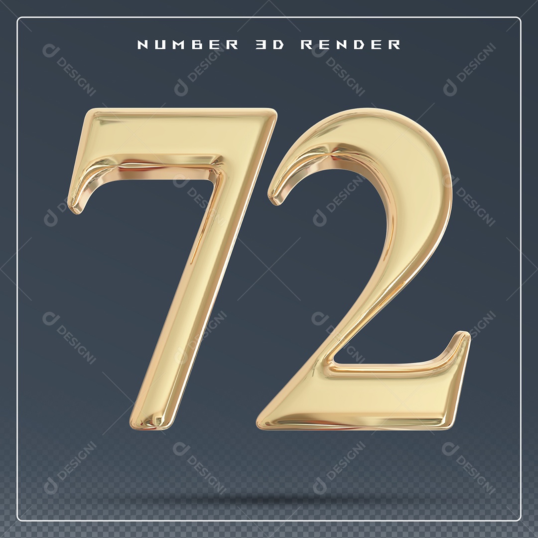 Elemento 3D Número 72 Dourado para Composição PSD