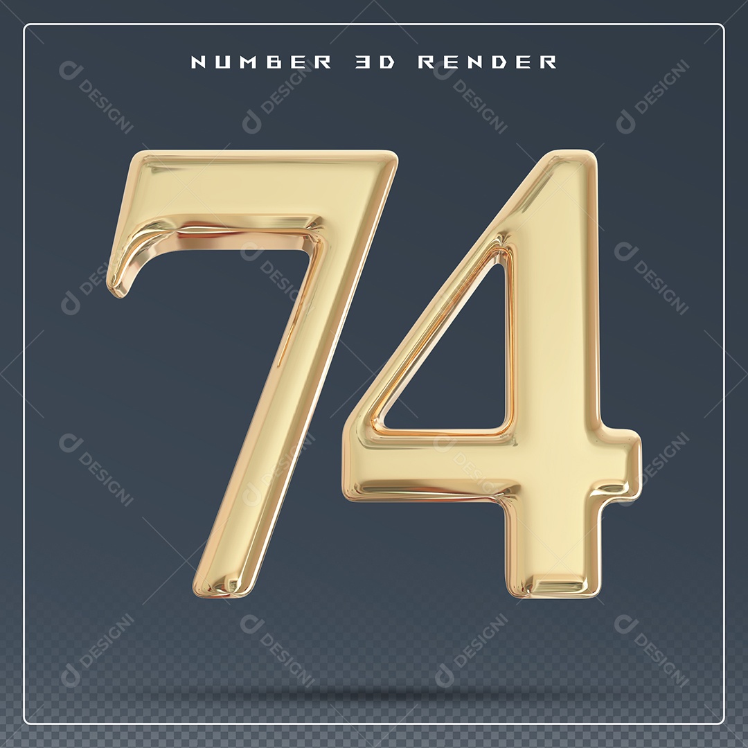 Elemento 3D Número 74 Dourado para Composição PSD
