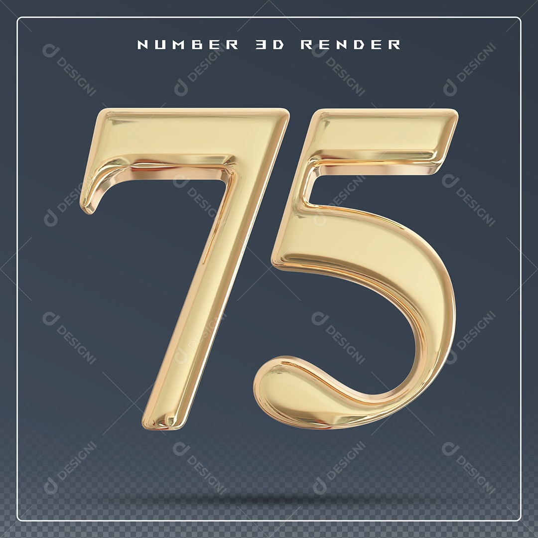 Elemento 3D Número 75 Dourado para Composição PSD