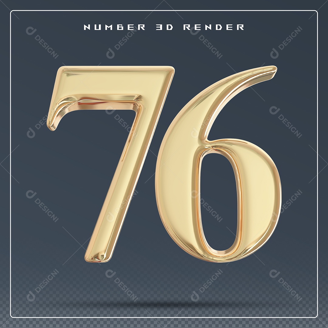Elemento 3D Número 76 Dourado para Composição PSD