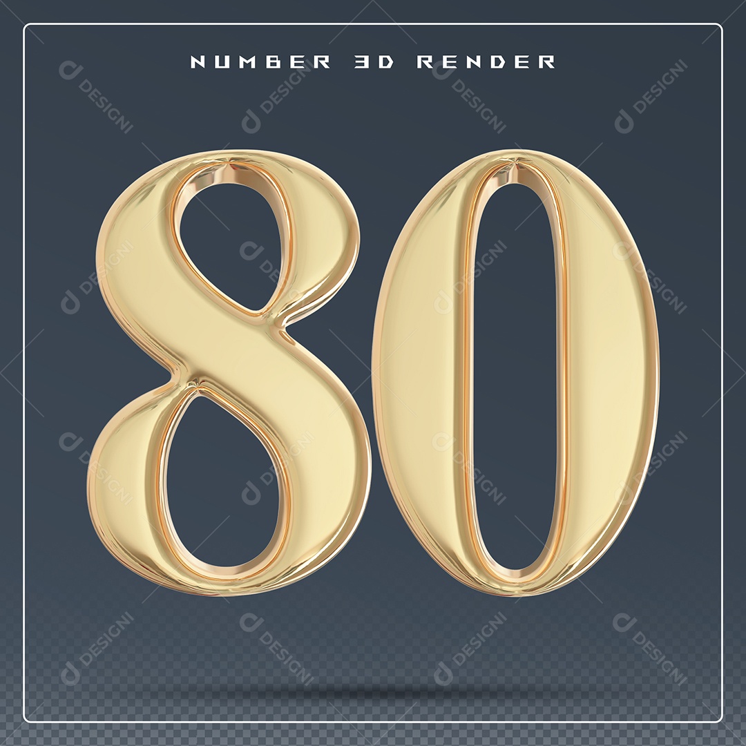 Elemento 3D Número 80 Dourado para Composição PSD