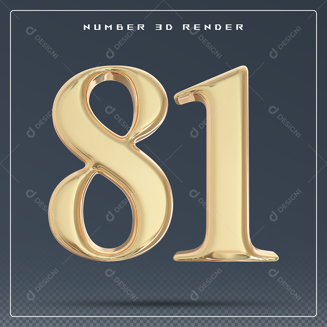 Elemento 3D Número 81 Dourado para Composição PSD