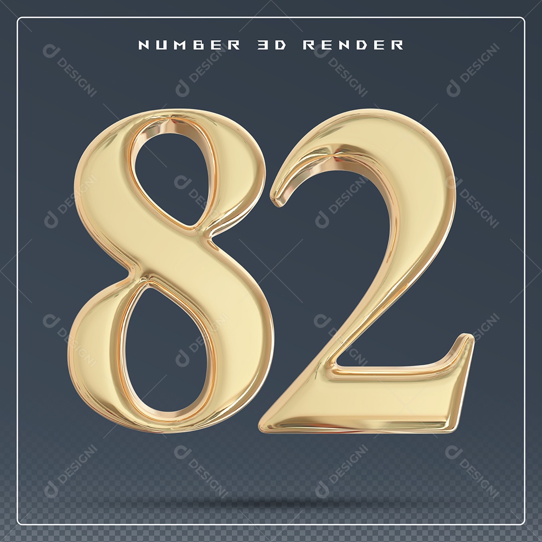 Elemento 3D Número 82 Dourado para Composição PSD