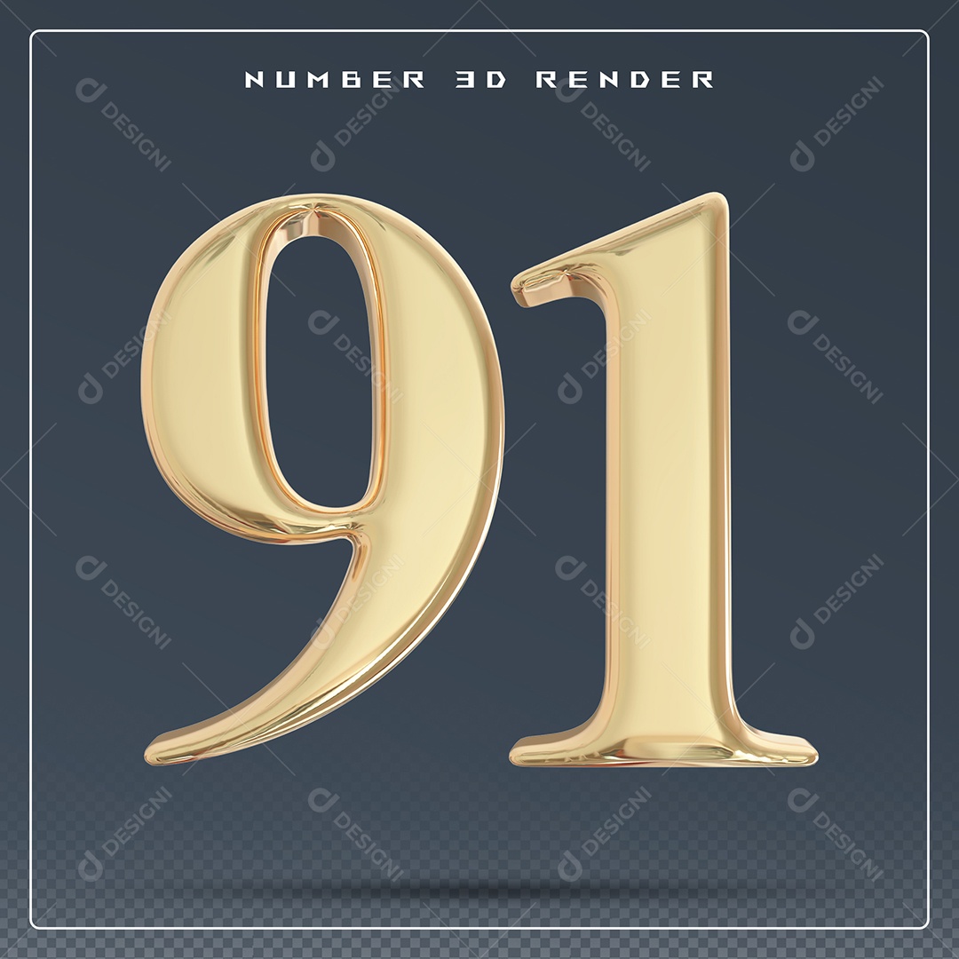 Elemento 3D Número 91 Dourado para Composição PSD
