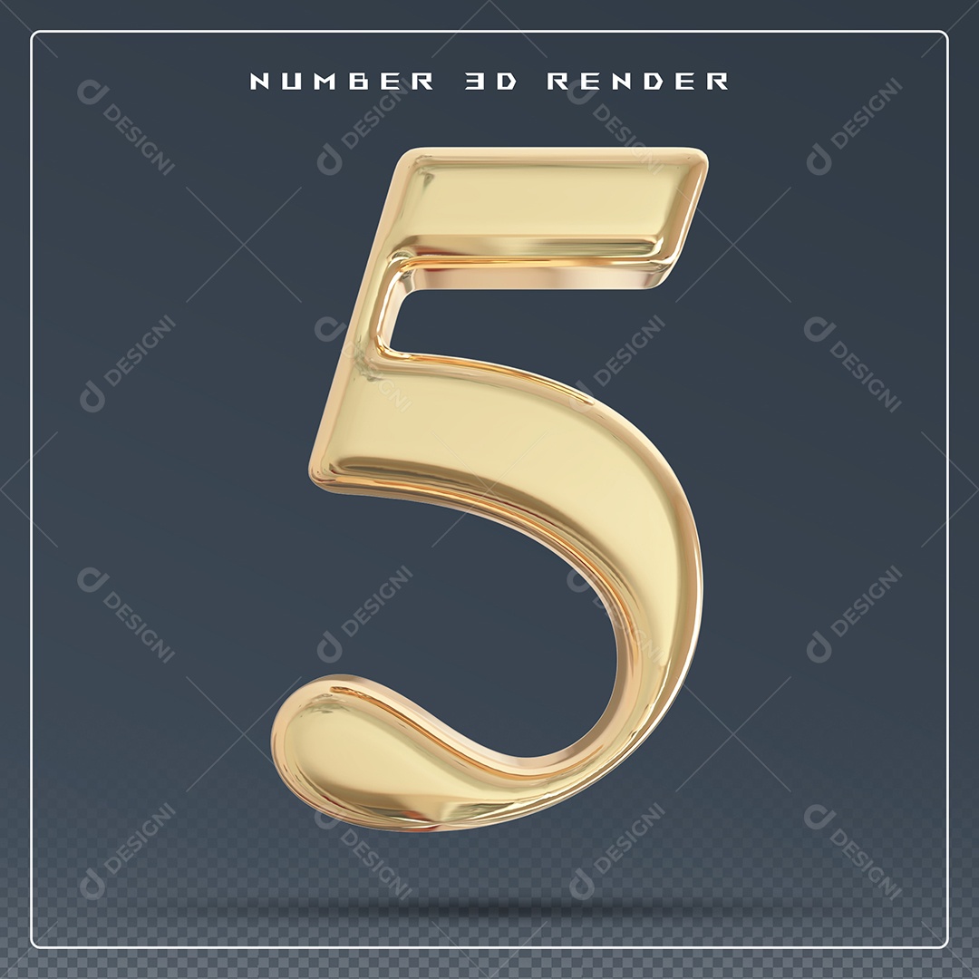 Elemento 3D Número 5 Dourado para Composição PSD