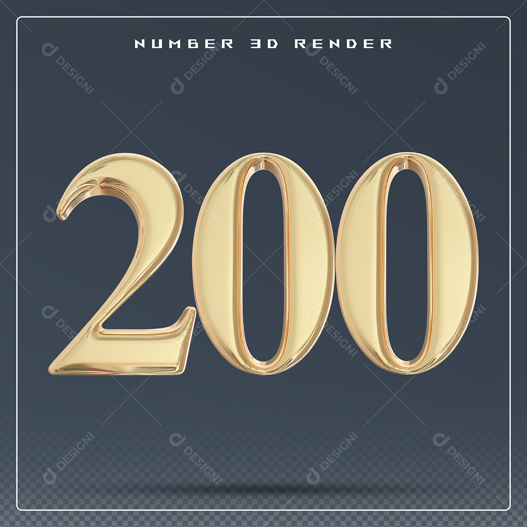 Elemento 3D Número 200 Dourado para Composição PSD