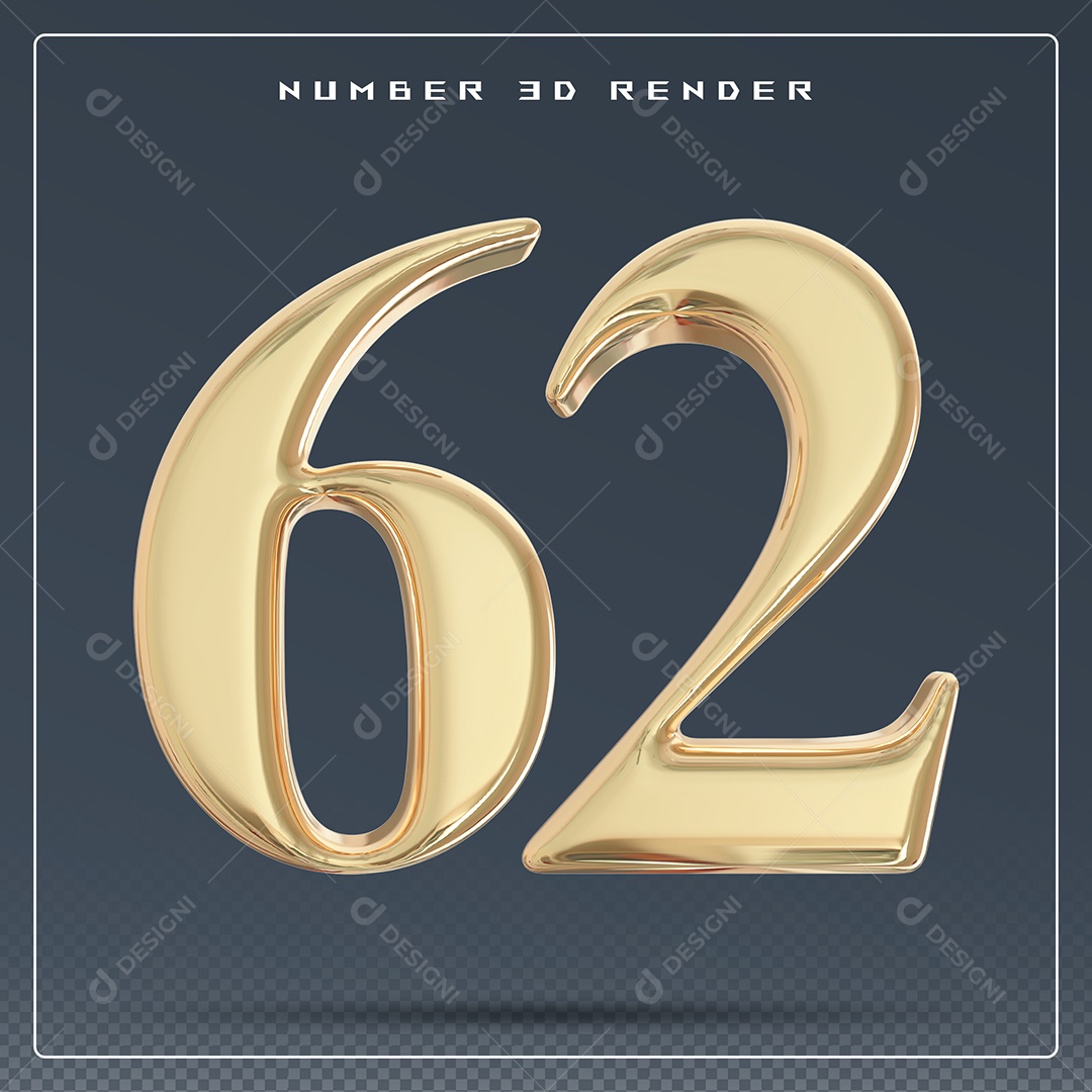Elemento 3D Número 62 Dourado para Composição PSD