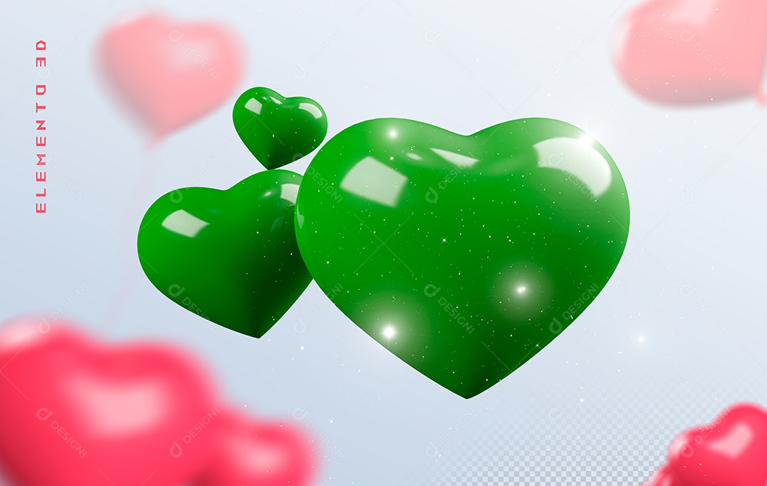 Elemento 3D Coração Verde para Composição PSD