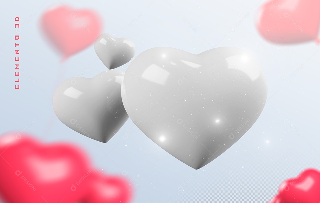 Elemento 3D Coração Branco para Composição PSD