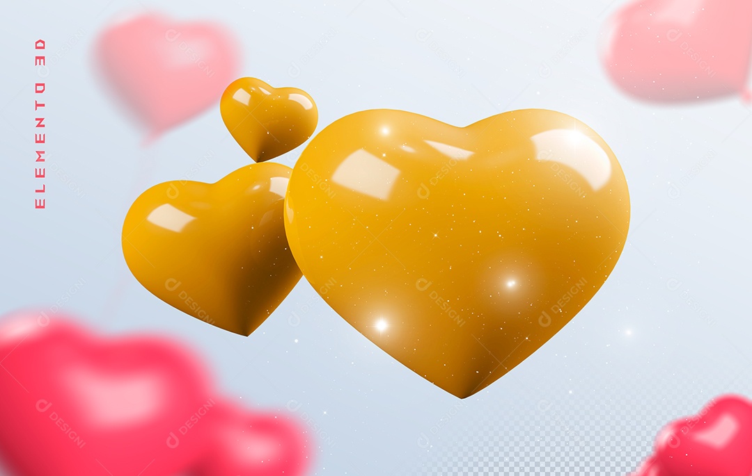 Elemento 3D Coração Amarelo para Composição PSD