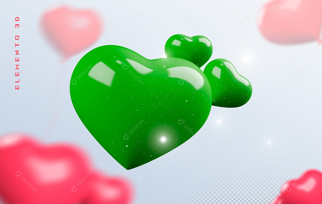 Elemento 3D Coração Verde para Composição PSD
