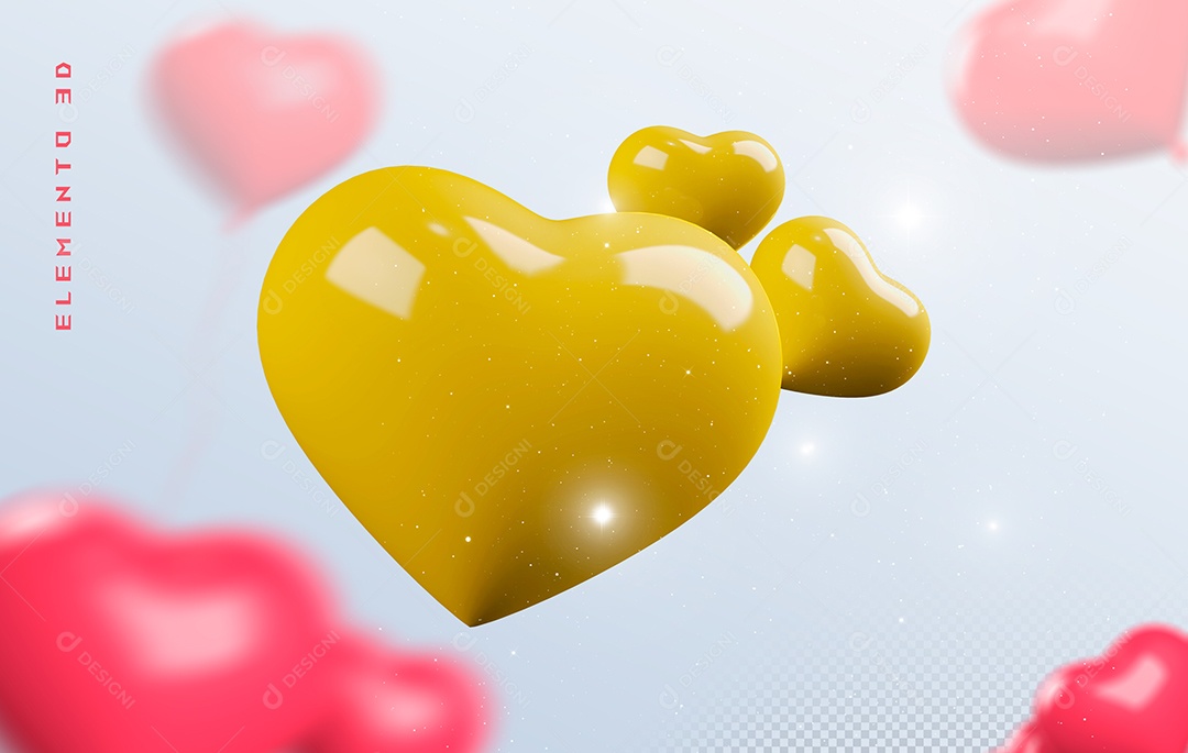 Elemento 3D Coração Amarelo para Composição PSD