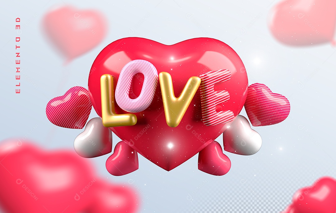 Elemento 3D Coração Rosa Love para Composição PSD