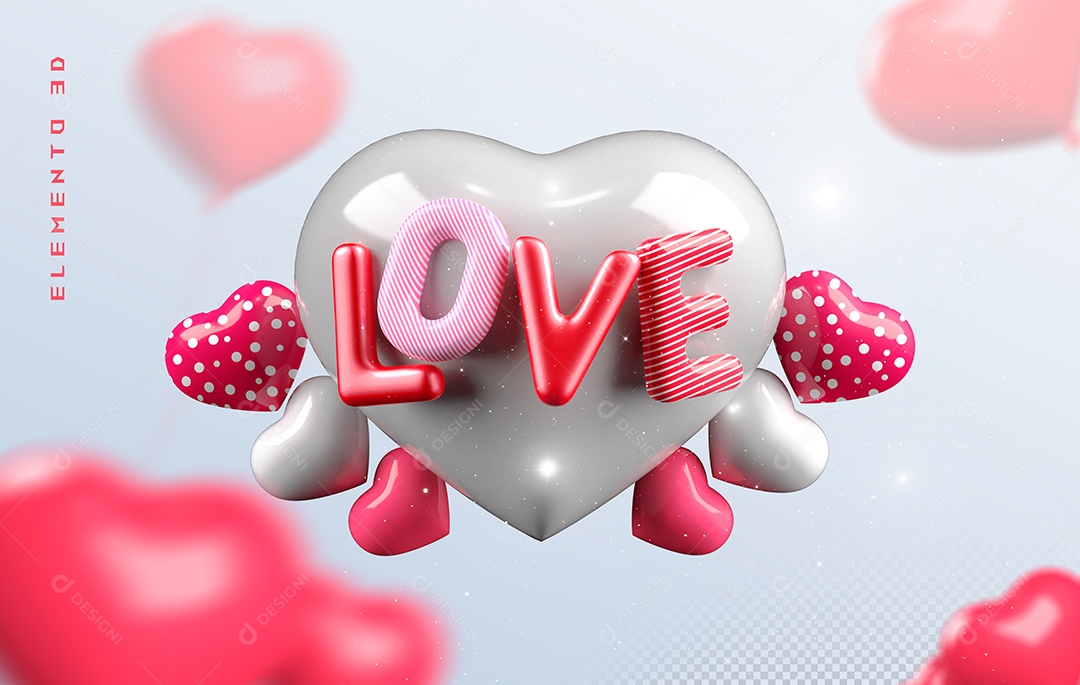 Elemento 3D Coração Branco Love para Composição PSD