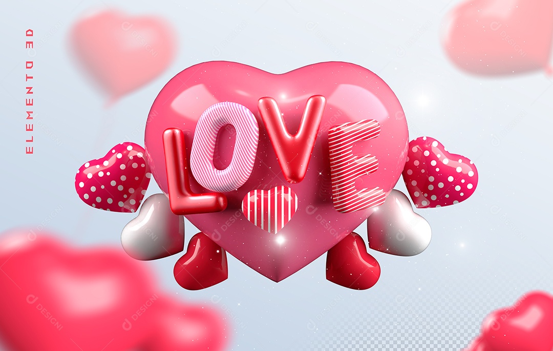 Elemento 3D Coração Rosa Love para Composição PSD