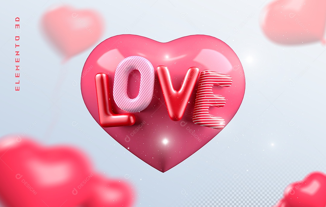 Elemento 3D Coração Rosa Lovel para Composição PSD