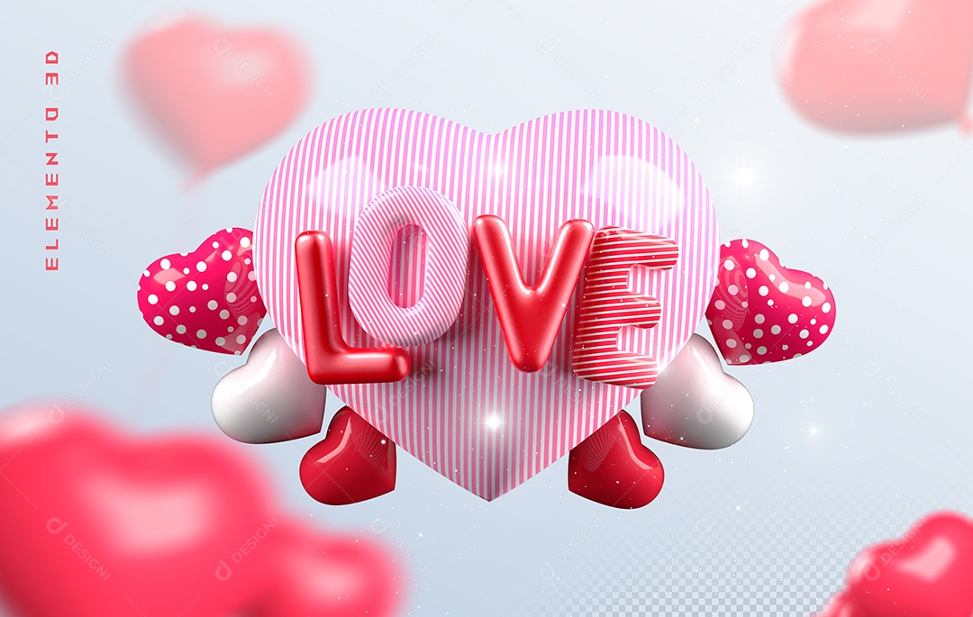 Elemento 3D Coração Rosa Love para Composição PSD