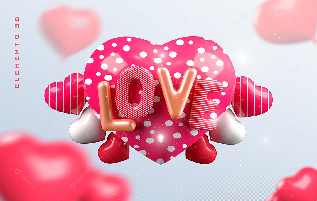 Elemento 3D Coração Rosa Love para Composição PSD