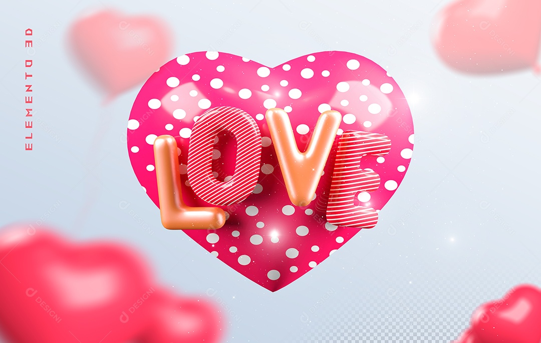 Elemento 3D Coração Rosa Love para Composição PSD