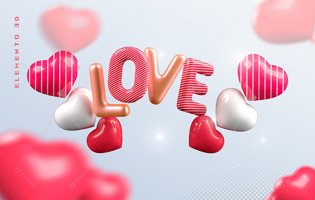 Elemento 3D Love Coração Rosa para Composição PSD