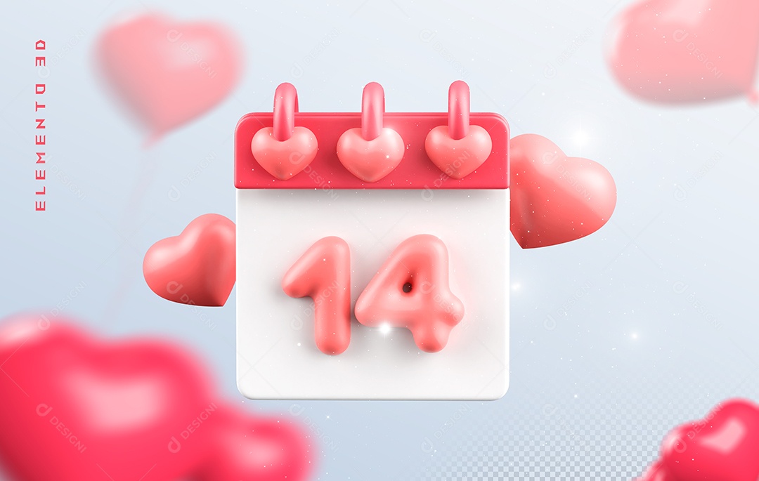 Calendário Dia 14 Elemento 3D Rosa e Branco Para Composição PSD