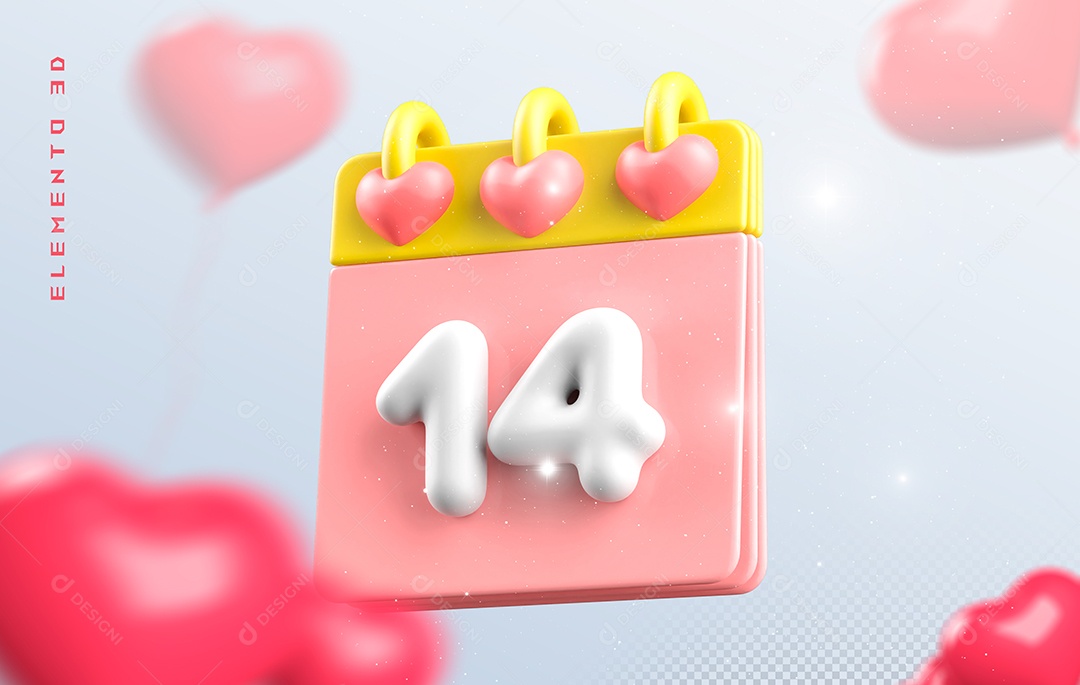 Calendário Dia 14 Elemento 3D Colorido Para Composição PSD