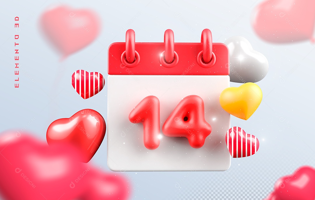 Calendário Dia 14 Elemento 3D Vermelho e Branco Para Composição PSD