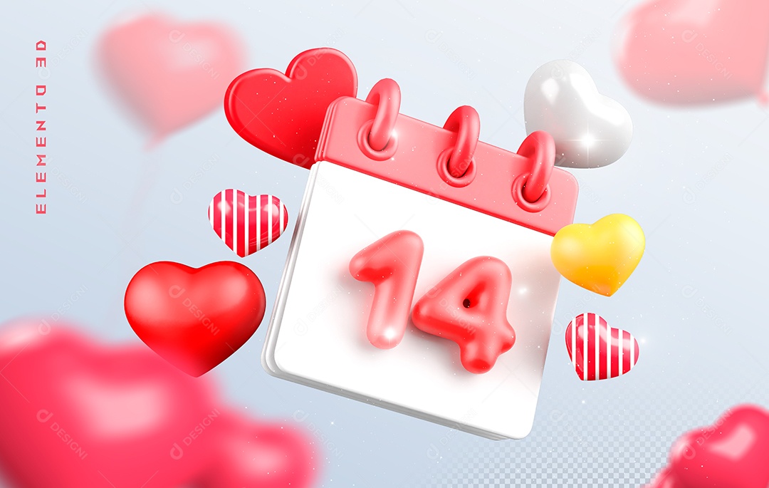 Calendário Dia 14 Elemento 3D Vermelho e Branco Para Composição PSD