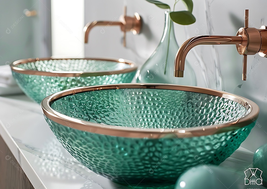 A imagem mostra duas cubas de vidro para banheiro, com um acabamento texturizado em verde-água