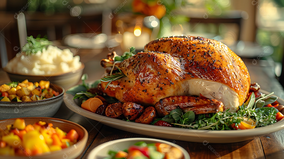 A imagem mostra um peru assado como peça central de uma refeição, provavelmente um banquete ou ceia festiva.