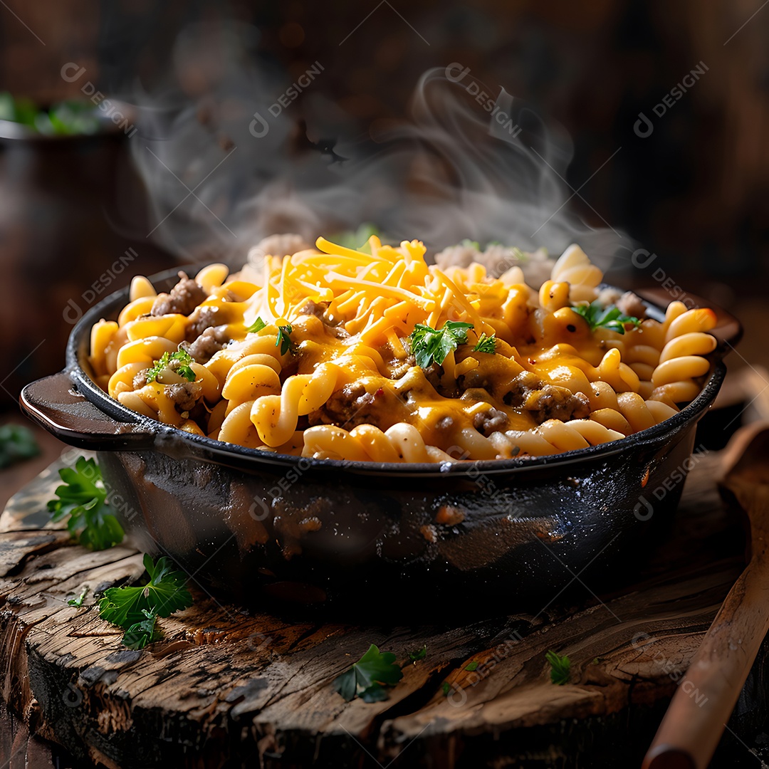 A imagem mostra uma macarronada, que é um prato feito com macarrão, molho e queijo