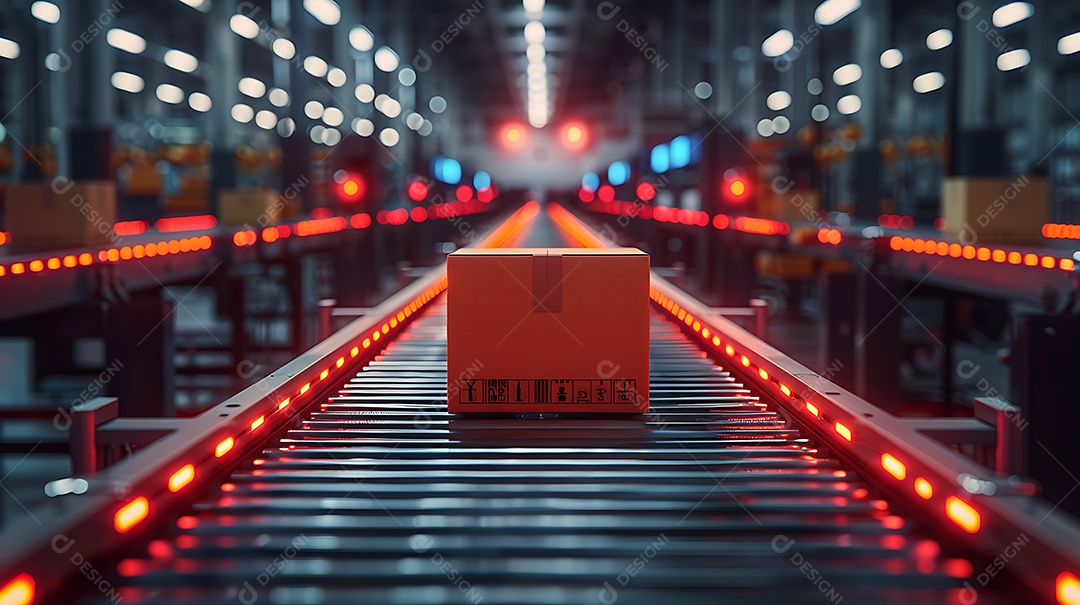 A imagem retrata uma caixa em uma esteira transportadora dentro de um armazém ou centro de distribuição.
