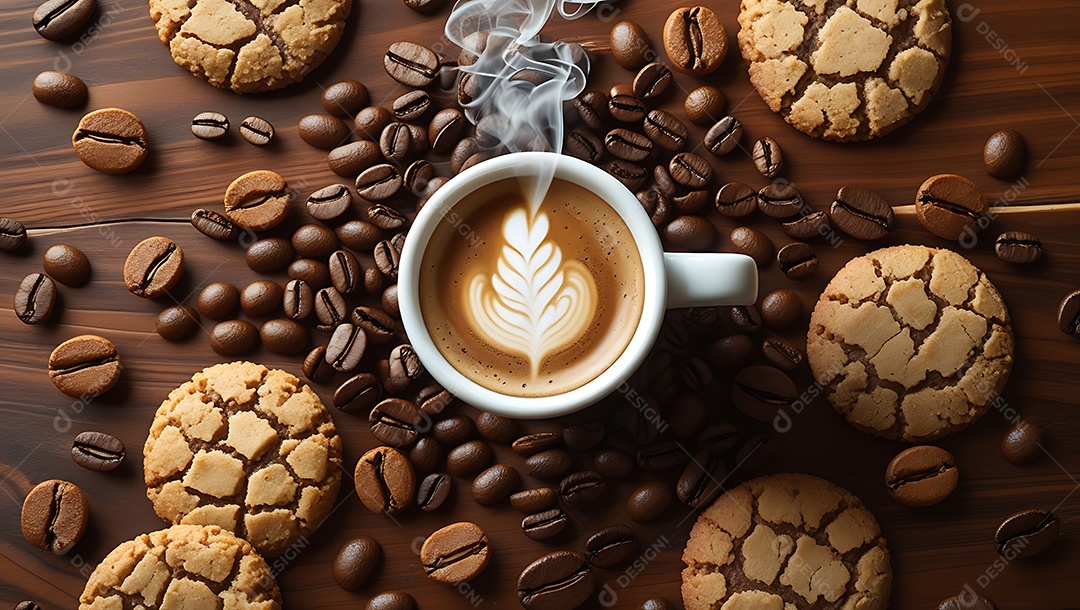 Xícara de café com latte art, rodeada por grãos de café torrados e biscoitos