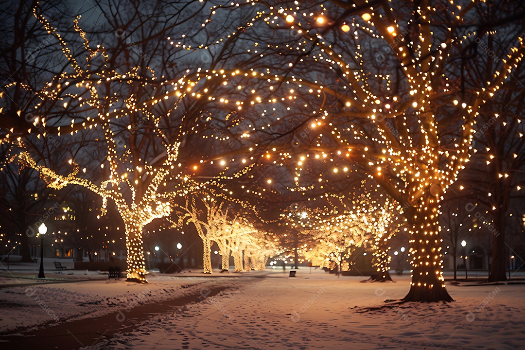A imagem mostra árvores decoradas com luzes de Natal