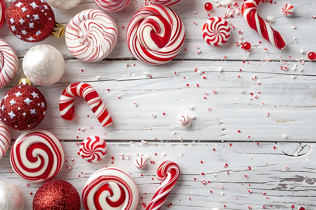 A imagem mostra uma variedade de doces e enfeites de Natal, incluindo