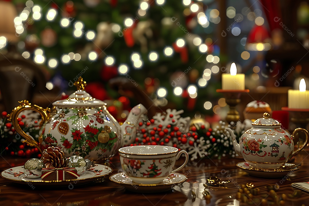 A imagem mostra uma cena festiva de Natal, provavelmente um chá da tarde ou uma mesa