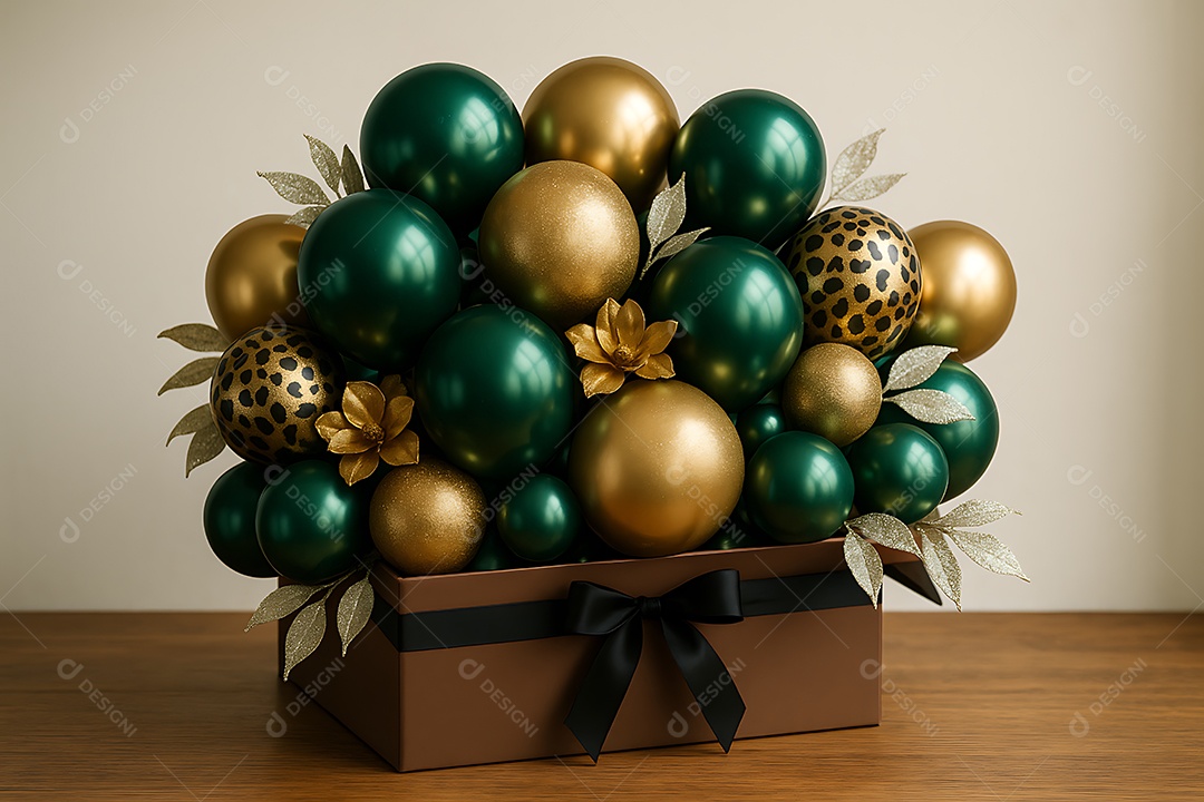 Arranjo de balões decorativos em uma caixa, com predominância de balões nas cores verde esmeralda e dourado