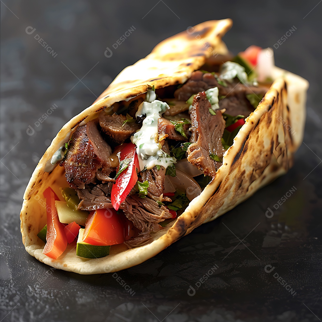 A imagem mostra um shawarma, um prato popular do Oriente Médio.