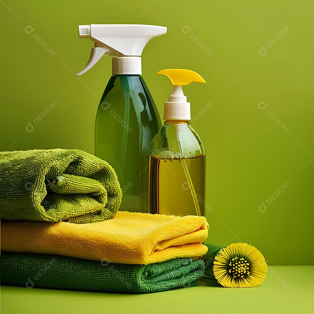 Toalhas de limpeza Frasco borrifador e esponjas fundo isolado