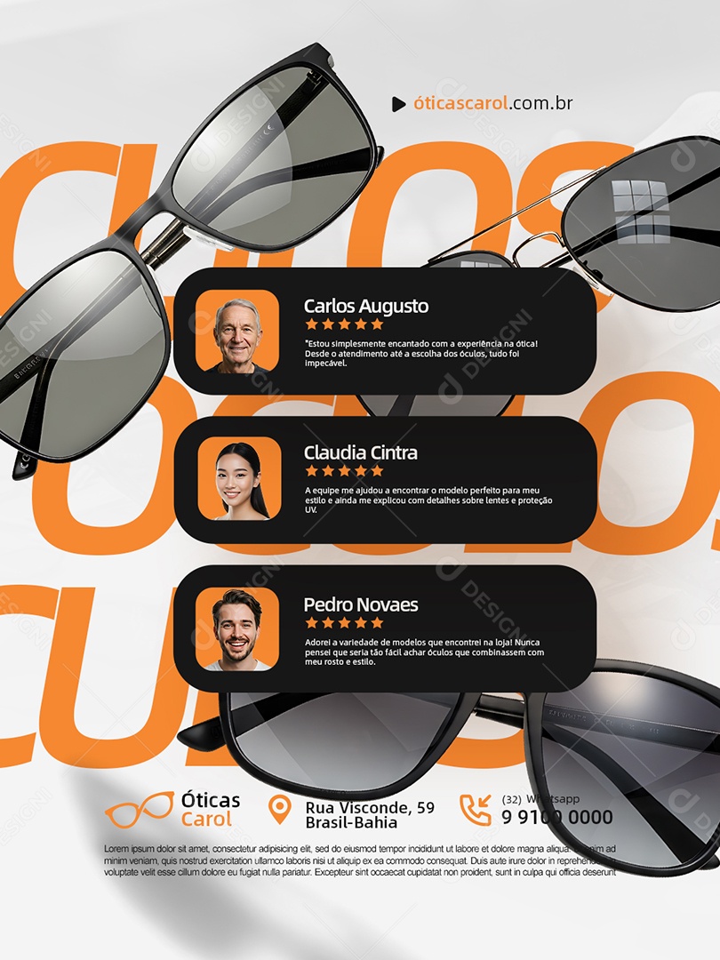 Ótica Óculos Feedback Depoimentos Social Media PSD Editável