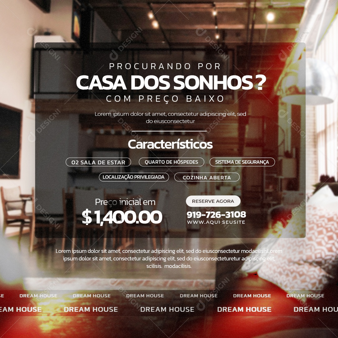 Imobiliária Procurando Pela Casa do Sonho com Preço Baixo lorem ipsum Social Media PSD Editável