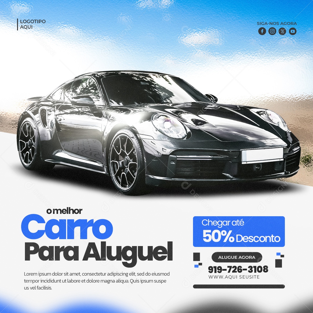 Locação De Carros O Melhor Carro para ALugar Hoje  50% Azul Social Media PSD Editável