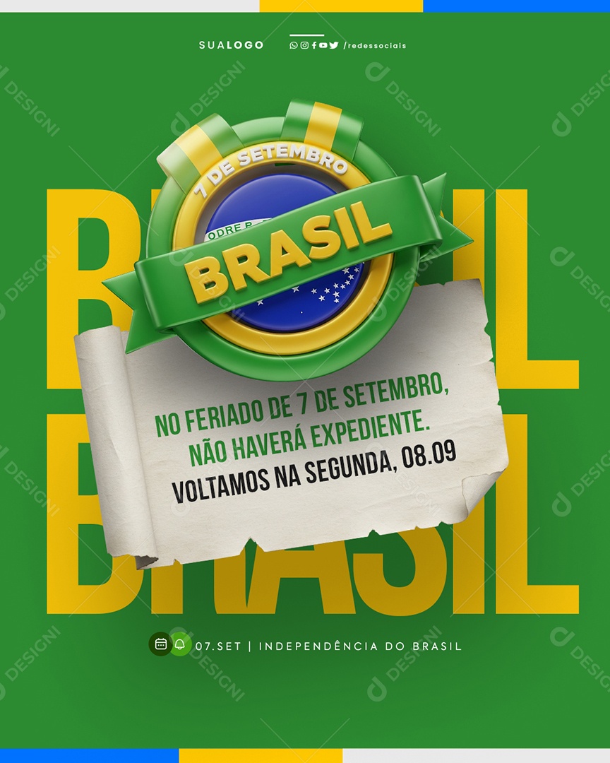 Dia da Independência do Brasil Horário de Funcionamento Social Media PSD Editável
