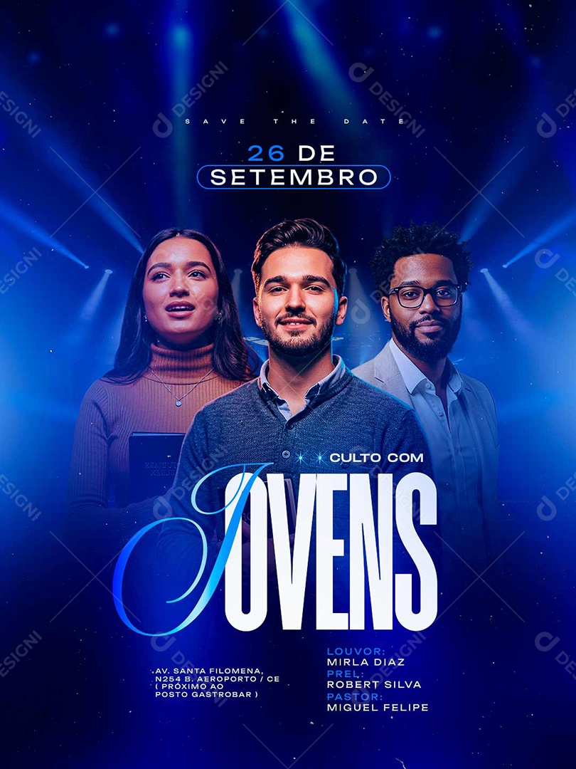 Flyer Gospel Culto com Jovens Save The Date Social Media PSD Editável