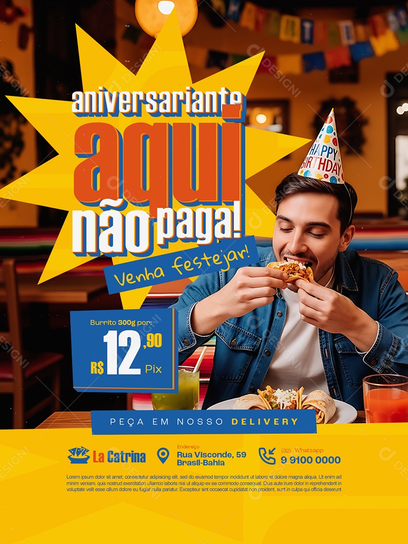 Comida Mexicana Aniversariante Aqui Não Paga Social Media PSD Editável