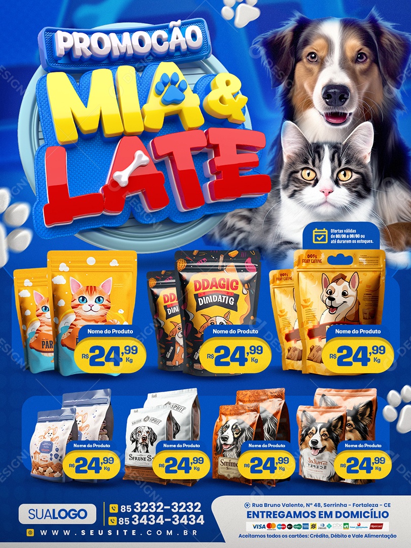 Tabloide Promoção Mia e Late Supermercado Ração para Pets Social Media PSD Editável