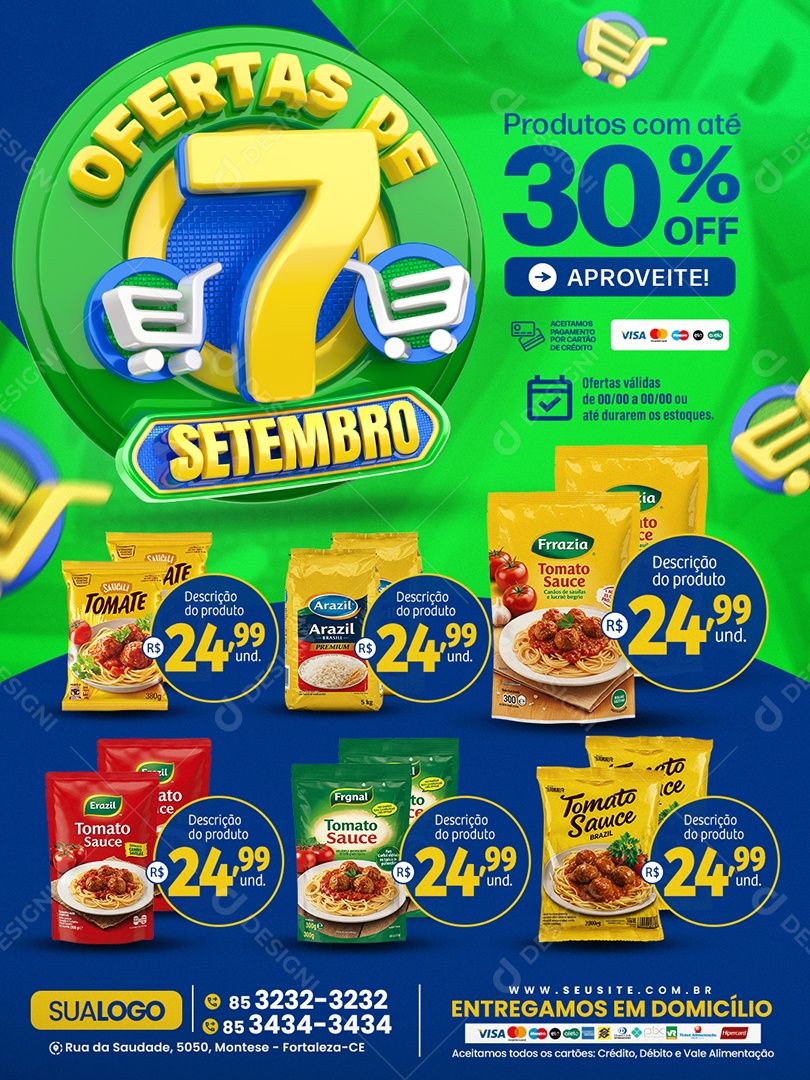 Tabloide Ofertas de 7 de Setembro Supermercado Produtos com Até 30% Off Social Media PSD Editável