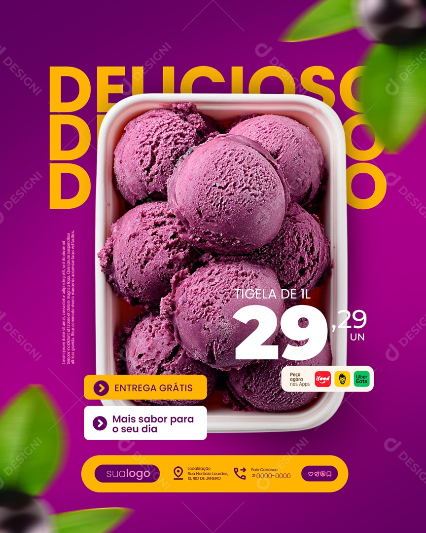 Açaiteria Delicioso Tigela Entrega Grátis Social Media PSD Editável