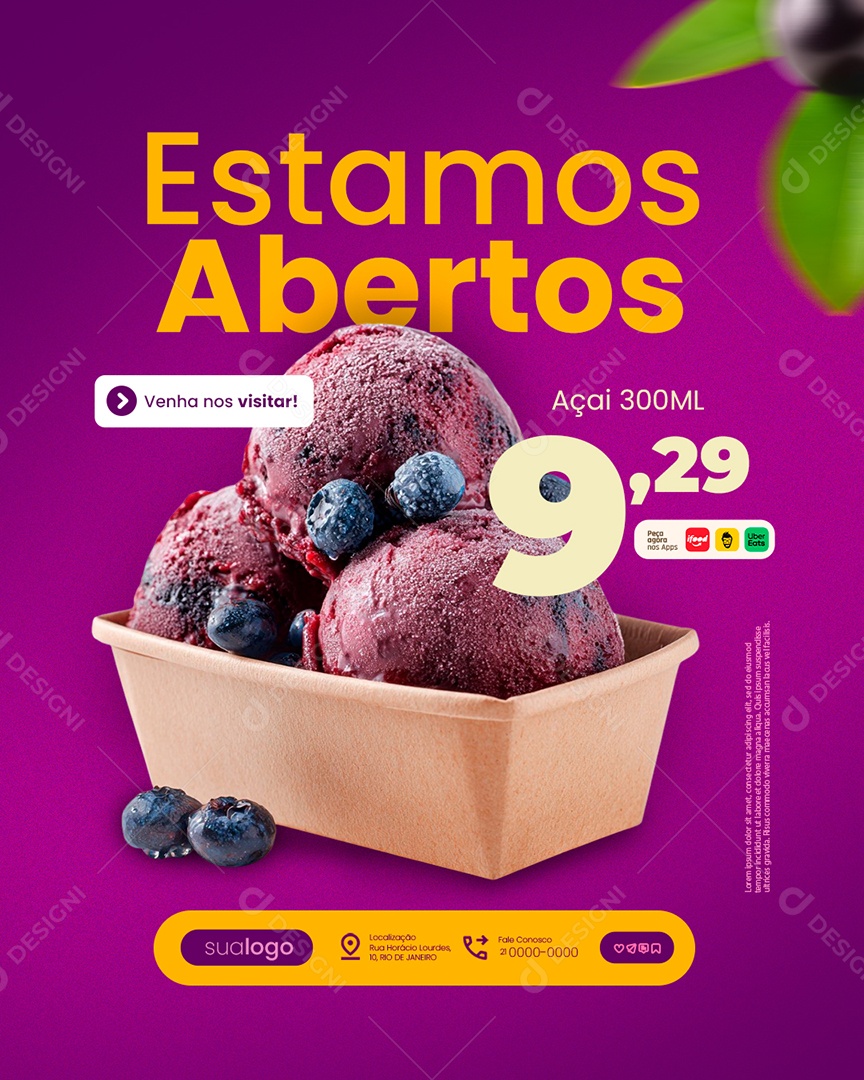 Açaiteria Estamos Abertos Açaí Social Media PSD Editável